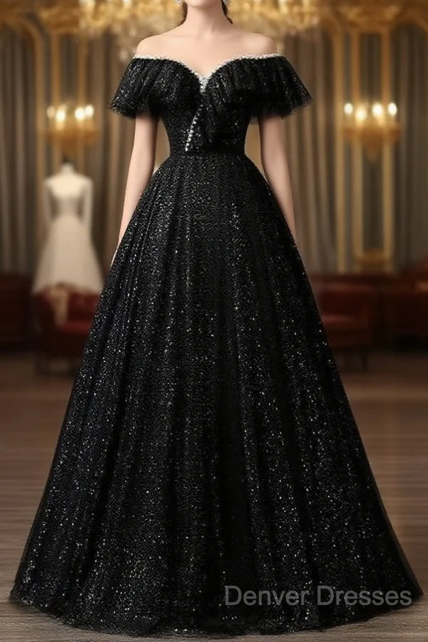 A-Line Sweetheart Neck Tulle Sequin Black Long Prom Dress, Black Long Formal Dress Main image