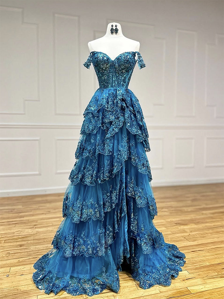A-Line  Sweetheart Neck Tulle Sequin Lace Blue Long Prom Dress Main image