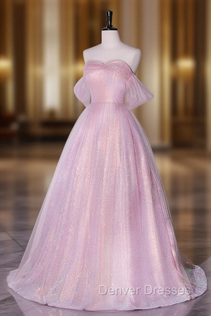 A-Line Sweetheart Neck Tulle Sequin Pink Long Prom Dress, Pink Tulle Formal Dress Main image