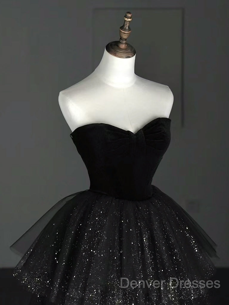 A-Line Sweetheart Neck Tulle Velvet Black Long Prom Dress, Black Evening Dress Secondary image
