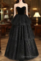 A-Line Sweetheart Neck Tulle Velvet Black Long Prom Dress, Black Evening Dress