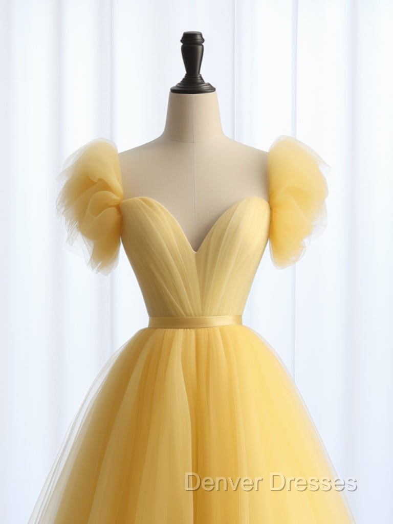 A-Line Sweetheart Neck Tulle Yellow Long Prom Dress, Yellow Long Formal Dress Secondary image