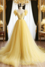 A-Line Sweetheart Neck Tulle Yellow Long Prom Dress, Yellow Long Formal Dress