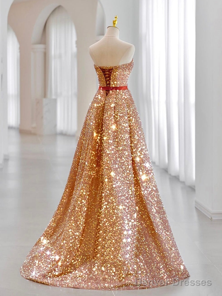 A-Line Sweetheart Neck Velvet Sequin Champagne Gold Long Prom Dress Secondary image