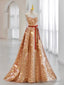 A-Line Sweetheart Neck Velvet Sequin Champagne Gold Long Prom Dress