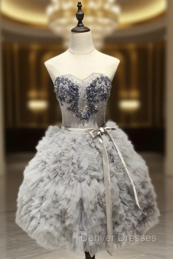 A-Line Sweetheart Short Tulle Silver Ruched Homecoming Dress with Beading Main image