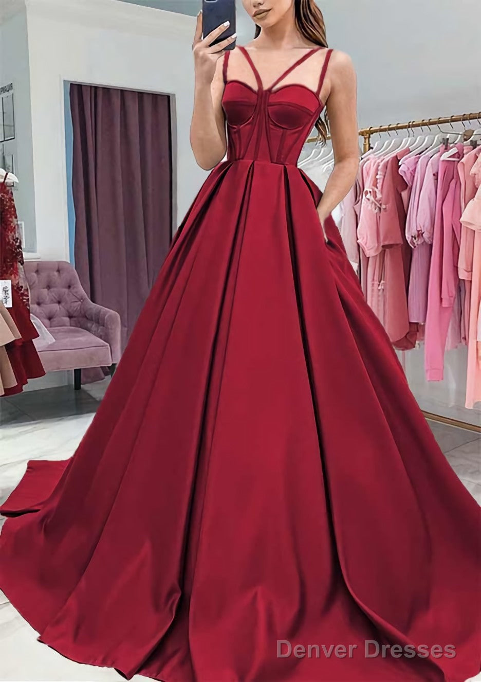 A-line Sweetheart Sleeveless Satin Sweep Train Prom Dresses With Pockets