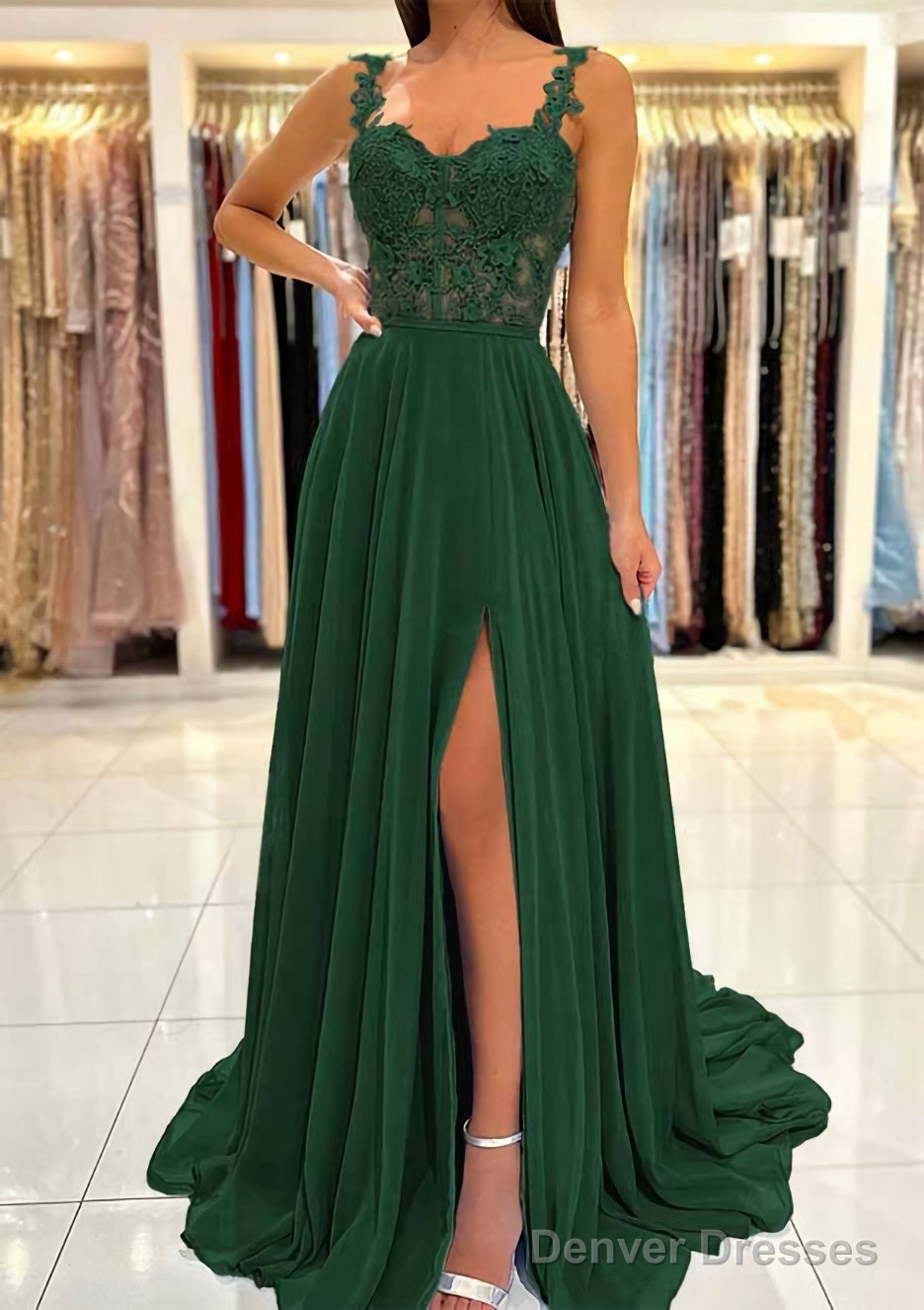 A-line Sweetheart Sleeveless Sweep Train Chiffon Prom Dresses With Appliqued Split