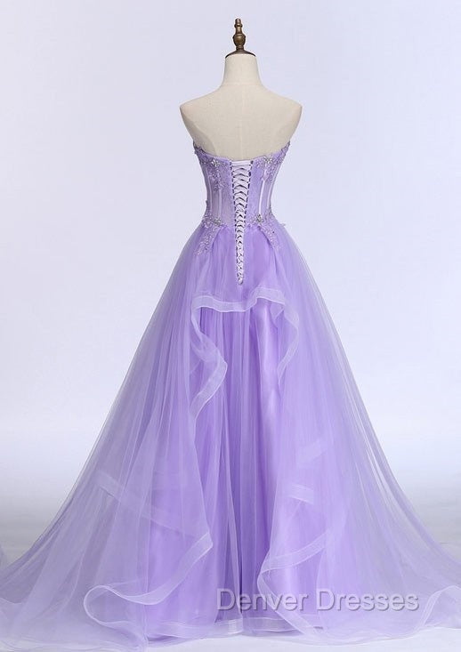 A-line Sweetheart Sleeveless Sweep Train Tulle Prom Dress With Beading Appliqued Secondary image