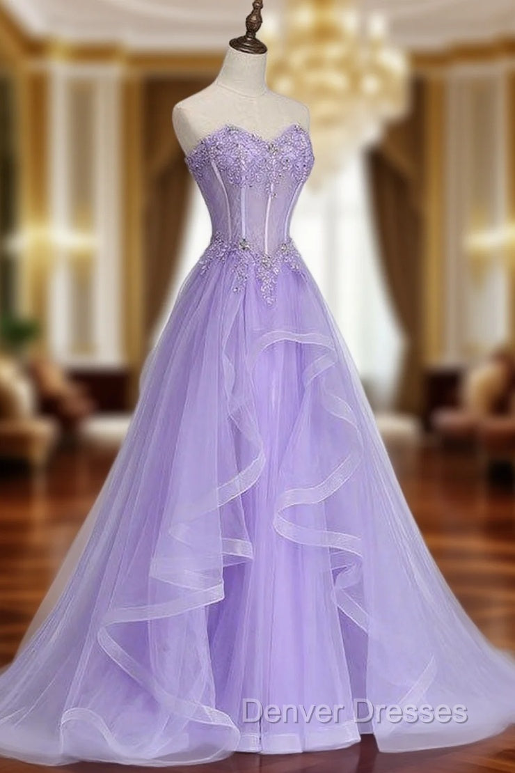 A-line Sweetheart Sleeveless Sweep Train Tulle Prom Dress With Beading Appliqued Main image