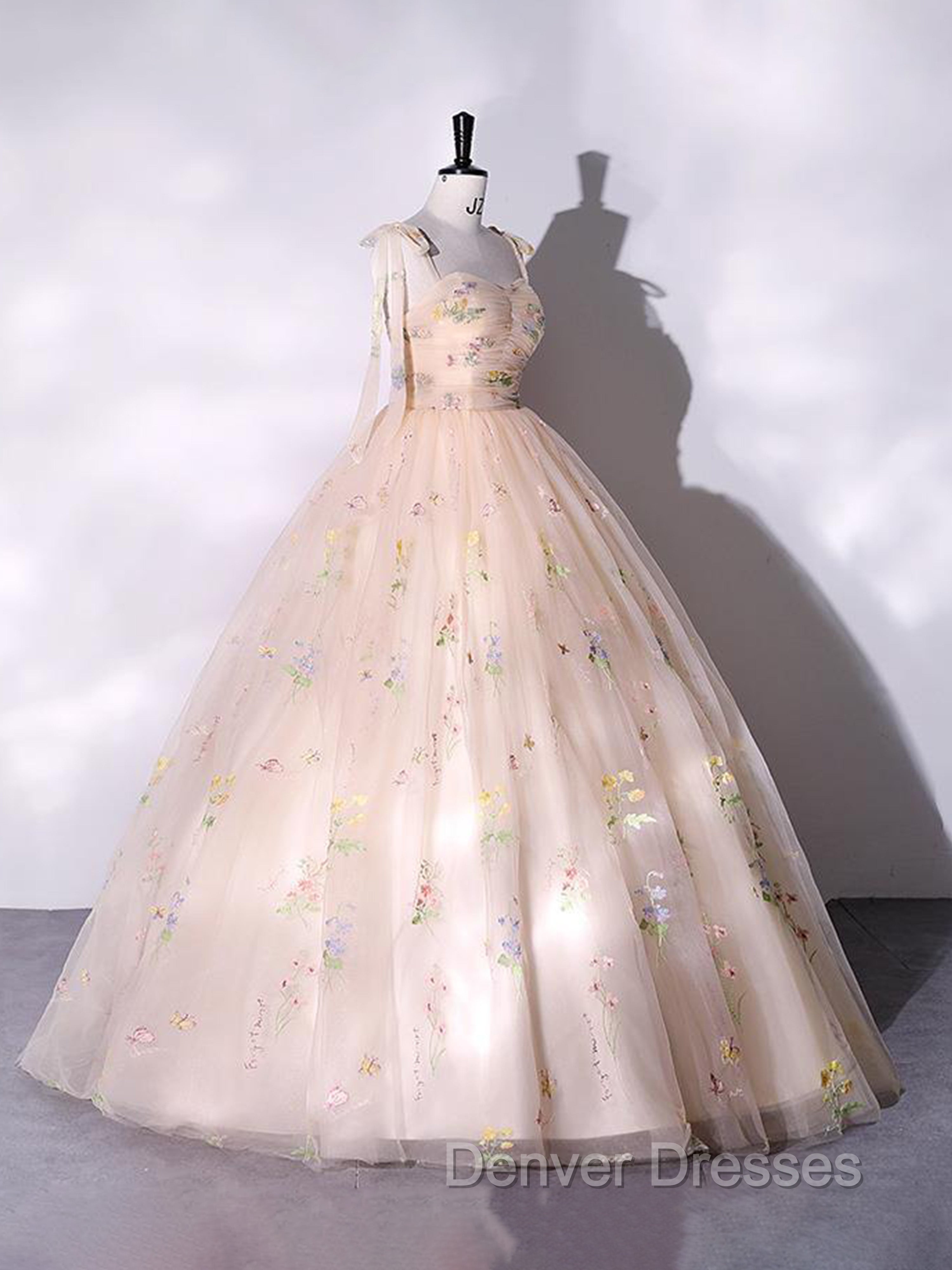 A-Line Sweetheart Sleeves Straps Embroidery Tulle Prom Dress