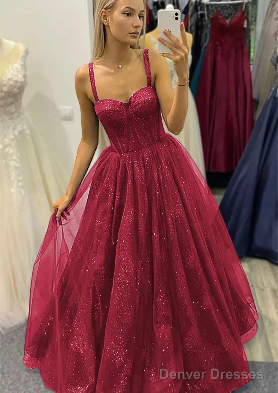 A-line Sweetheart Spaghetti Straps Long/Floor-Length Tulle Glitter Prom Dresses