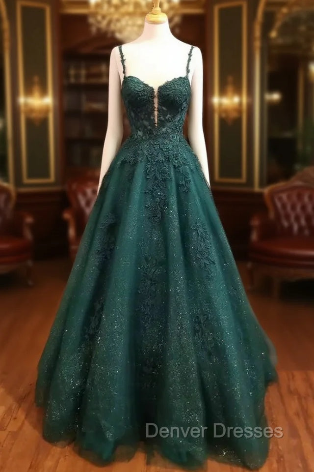 Dark Green Prom Dress, A-line Sweetheart Spaghetti Straps Long/Floor-Length Tulle Prom Dress With Beading Glitter Appliqued