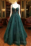 Dark Green Prom Dress, A-line Sweetheart Spaghetti Straps Long/Floor-Length Tulle Prom Dress With Beading Glitter Appliqued