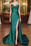 A-line Sweetheart Spaghetti Straps Sweep Train Silk like Satin Ruched Prom Dress- Prom Dress