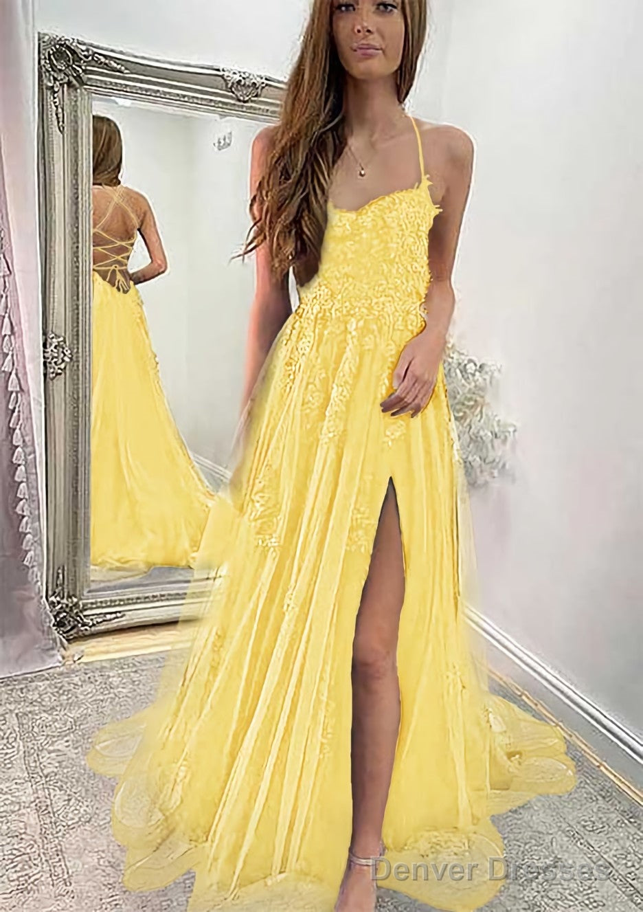 A-line Sweetheart Spaghetti Straps Sweep Train Tulle Prom Dresses With Appliqued Split