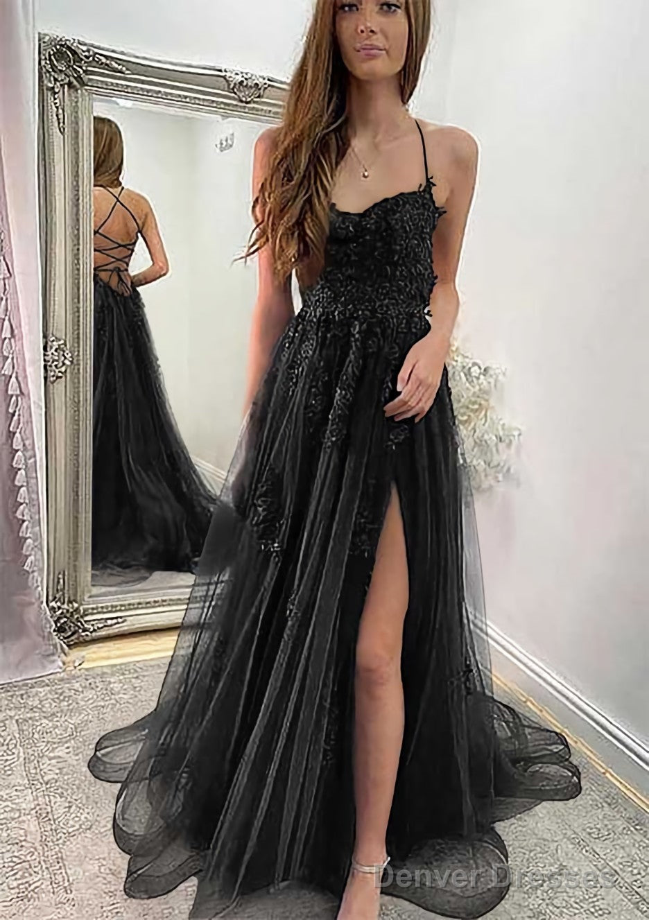 A-line Sweetheart Spaghetti Straps Sweep Train Tulle Prom Dresses With Appliqued Split
