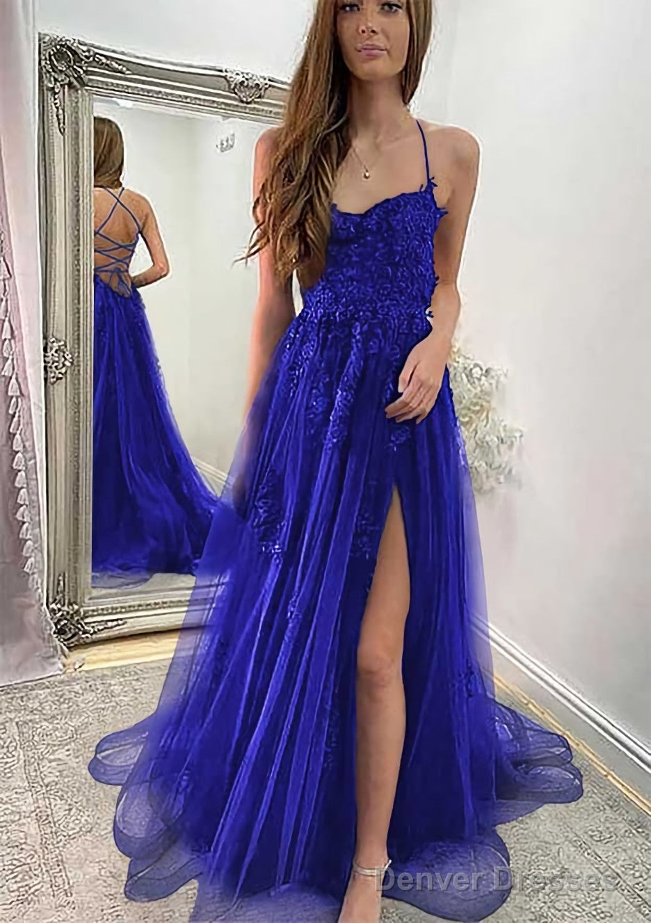 A-line Sweetheart Spaghetti Straps Sweep Train Tulle Prom Dresses With Appliqued Split Secondary image