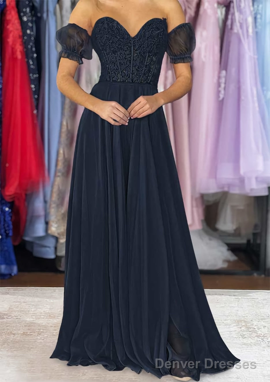 A-line Sweetheart Strapless Long/Floor-Length Chiffon Prom Dresses with Detachable Balloon Sleeves Secondary image