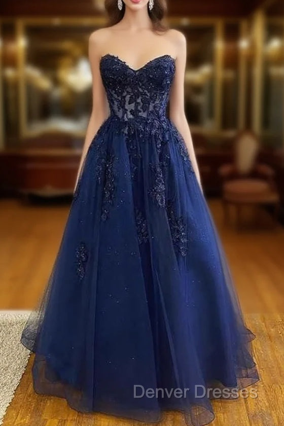 A-line Sweetheart Strapless Long/Floor-Length Tulle Prom Dress With Appliqued Sequins Glitter Main image
