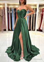 A-line Sweetheart Strapless Sweep Train Charmeuse Prom Dresses With Pleated Split