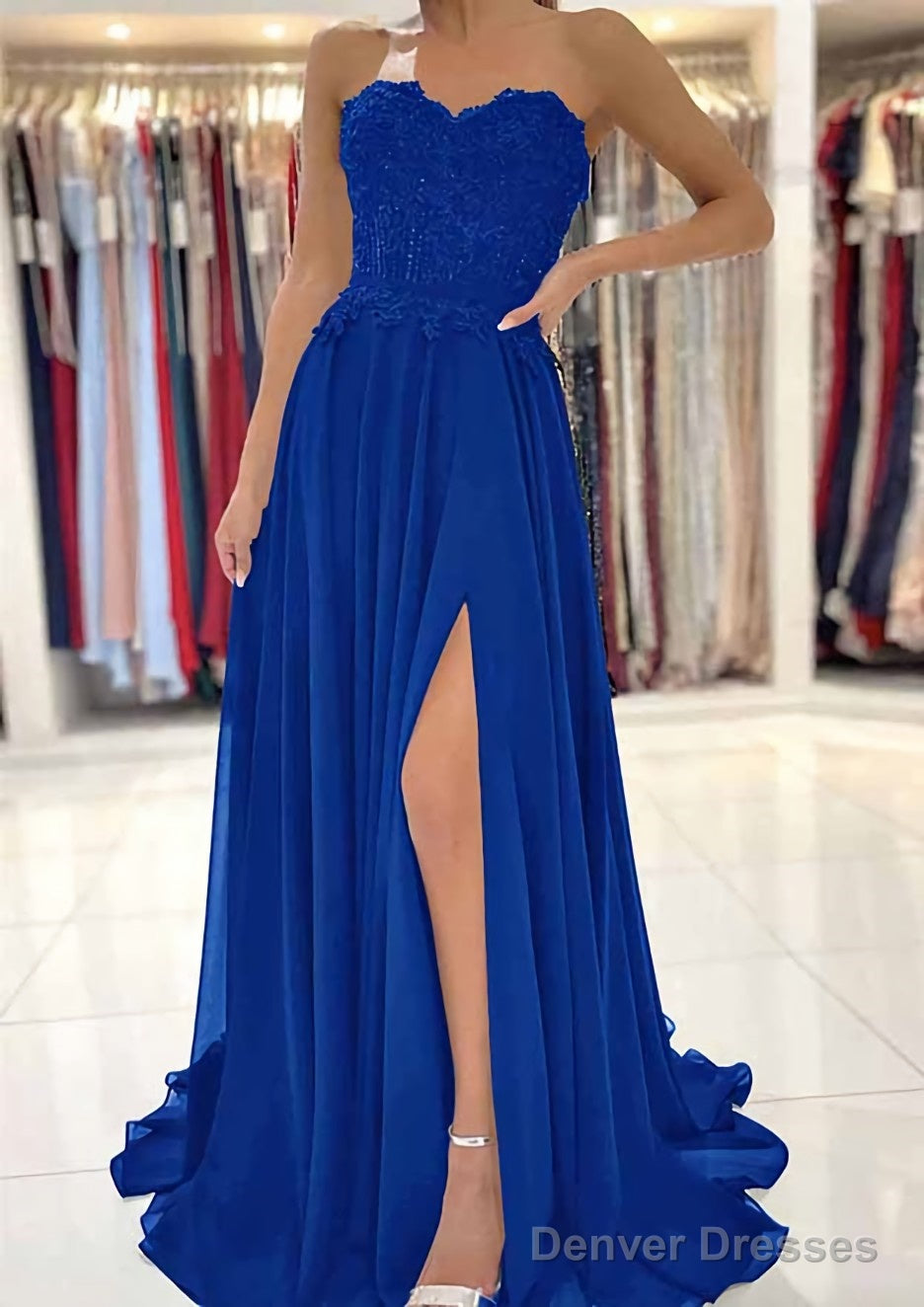 A-line Sweetheart Sweep Train Chiffon Prom Dresses With Lace Beading Split