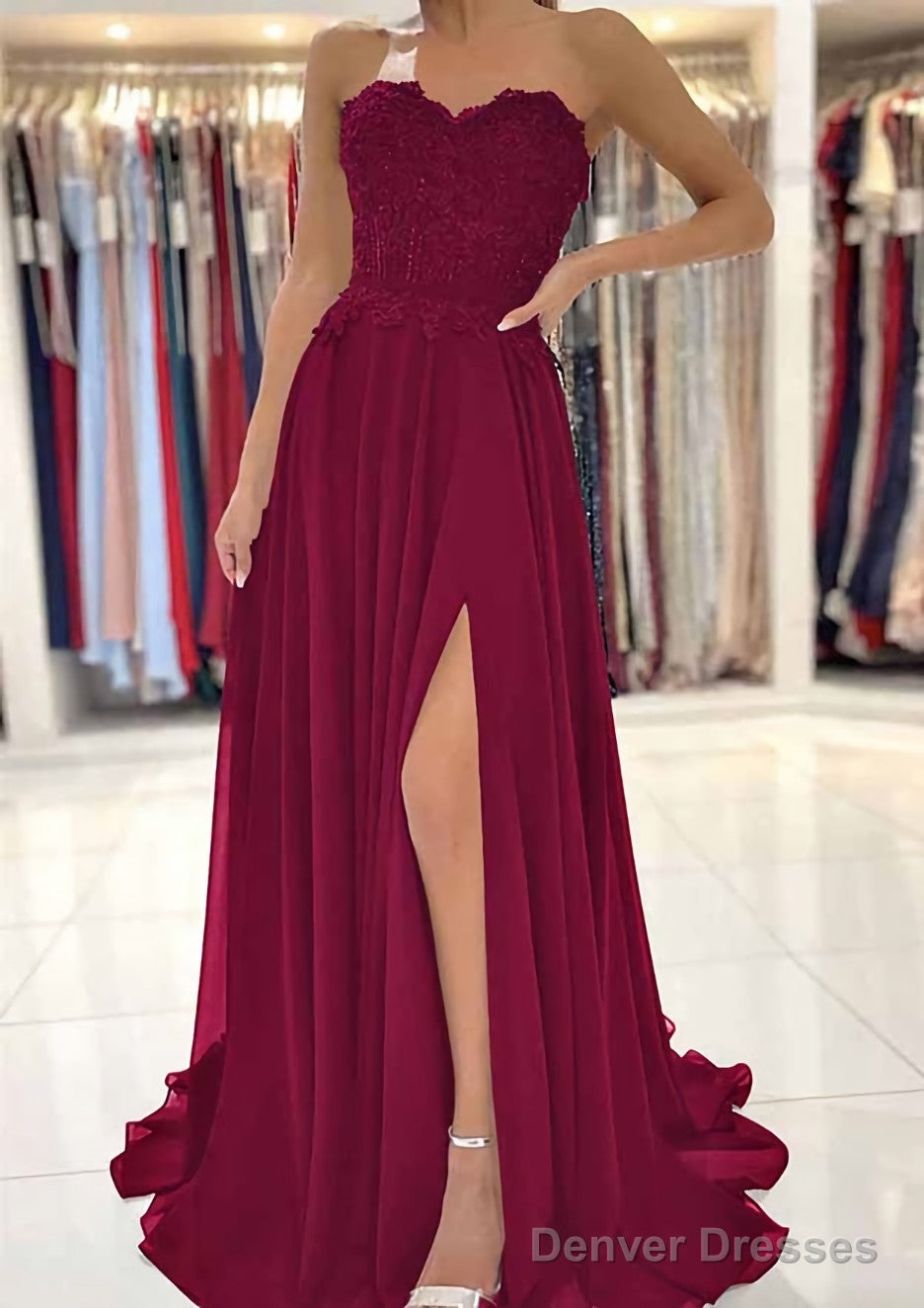 A-line Sweetheart Sweep Train Chiffon Prom Dresses With Lace Beading Split