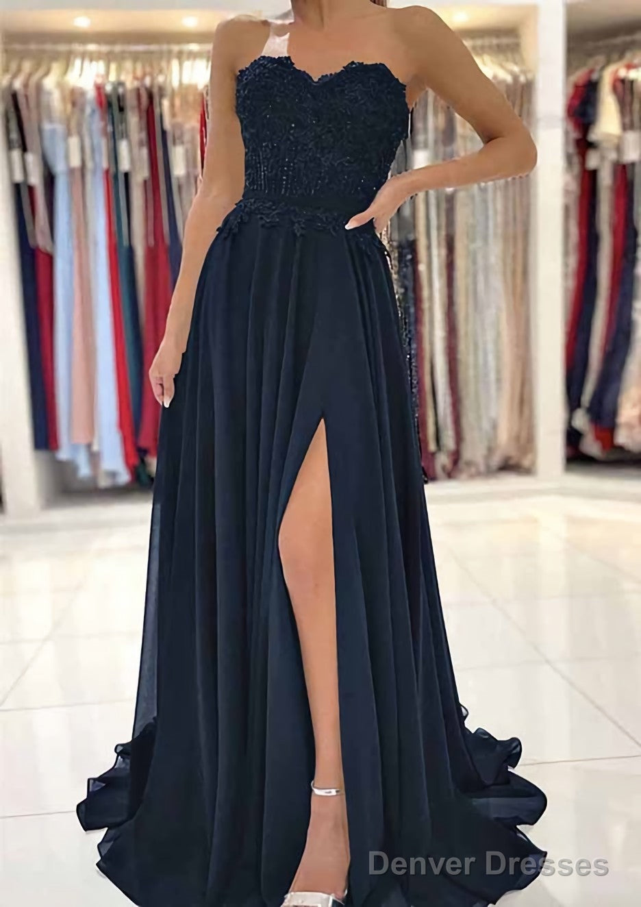 A-line Sweetheart Sweep Train Chiffon Prom Dresses With Lace Beading Split