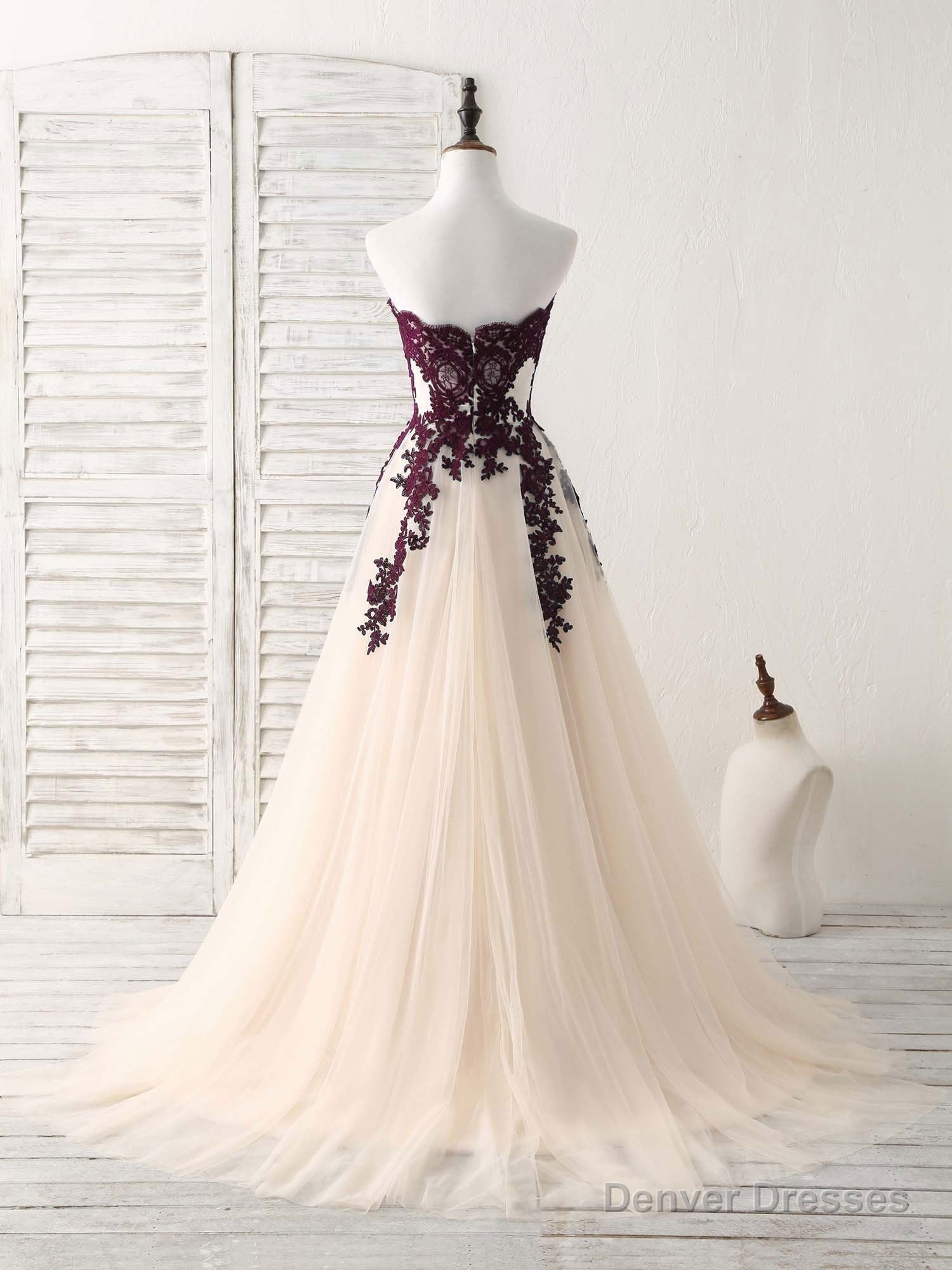 A-Line Sweetheart Tulle Lace Applique Burgundy Long Prom Dress, Bridesmaid Dress Secondary image