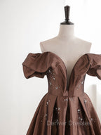 A-Line Tea length Brown Prom Dress, Off Shoulder Brown Formal Dress with Beading