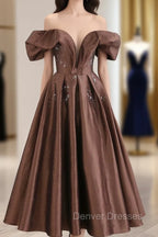 A-Line Tea length Brown Prom Dress, Off Shoulder Brown Formal Dress with Beading
