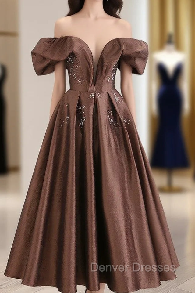 A-Line Tea length Brown Prom Dress, Off Shoulder Brown Formal Dress with Beading