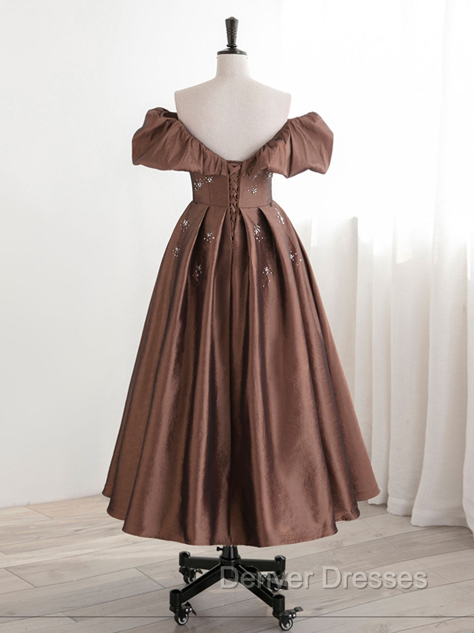 A-Line Tea length Brown Prom Dress, Off Shoulder Brown Formal Dress with Beading