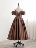 A-Line Tea length Brown Prom Dress, Off Shoulder Brown Formal Dress with Beading