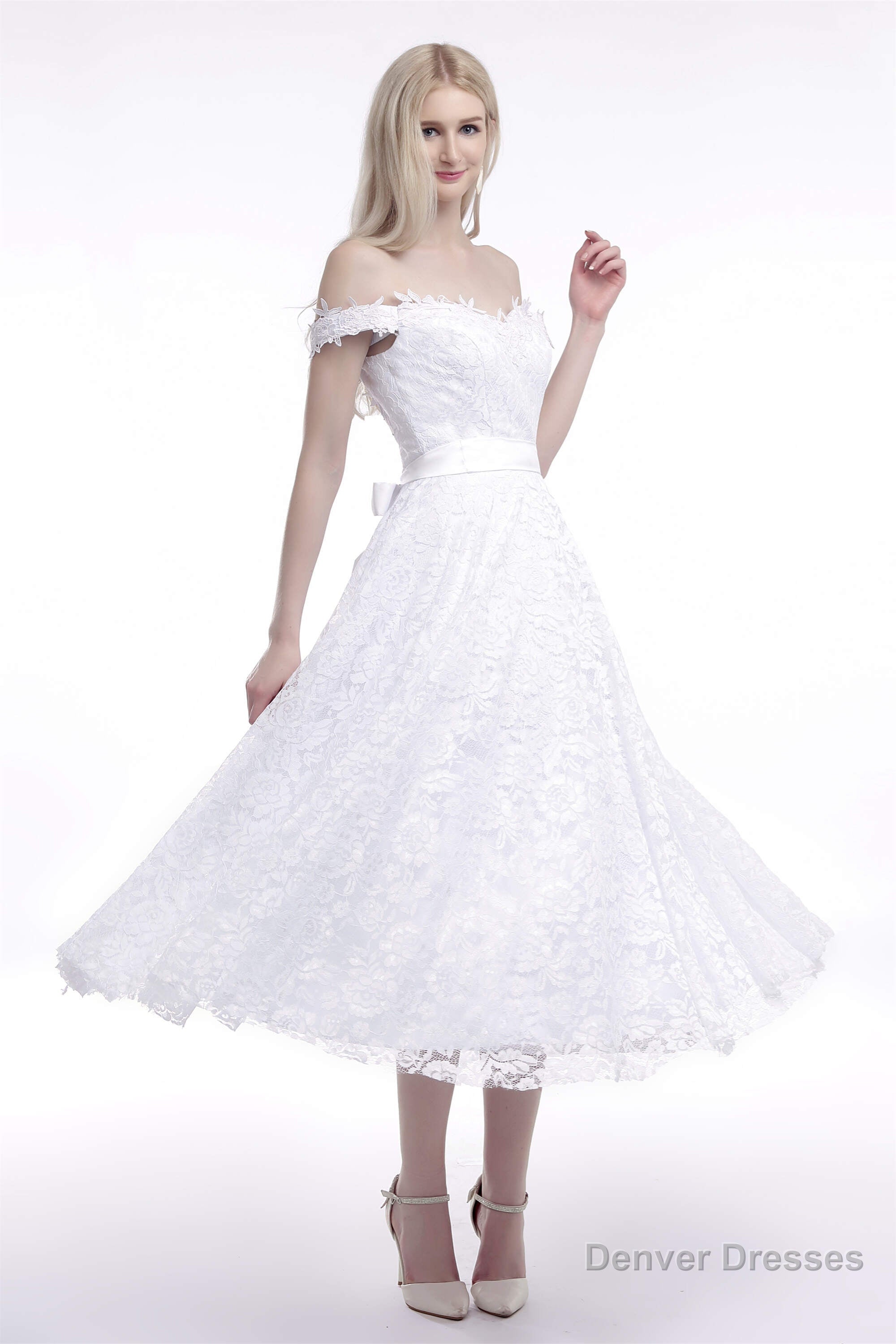 A Line Tea Length Lace Off Shoulder Mid-length Wedding Dresses Main image