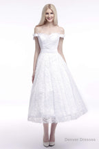 A Line Tea Length Lace Off Shoulder Mid-length Wedding Dresses
