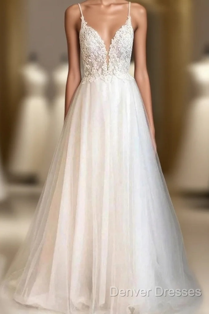 A-Line Thin Shoulder Strap Beach Wedding Dress Lace And Floor Length Wedding Dress Main image