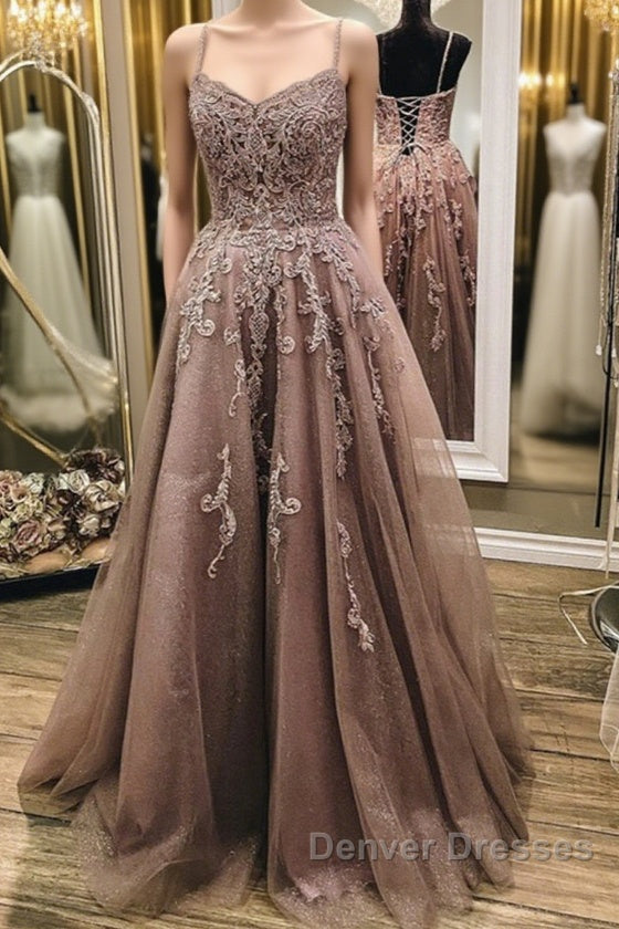 A Line Thin Strap Lace Long Prom Dress, Lace Formal Dress, Evening Dress Main image