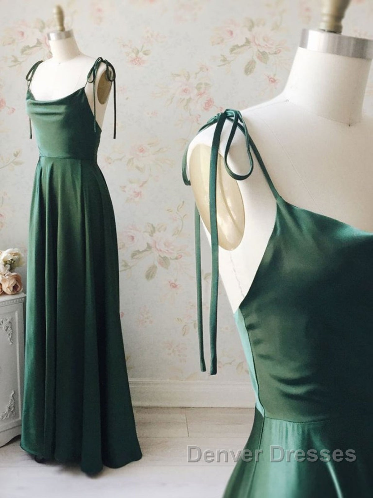 A Line Thin Straps Green Long Prom Dress, Green Formal Graduation Evening Dress