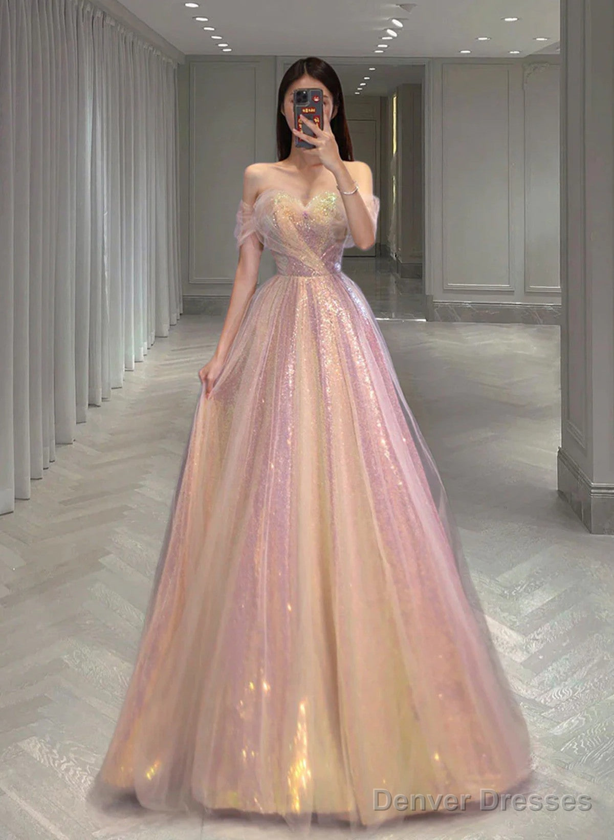 A Line Tulle And Sequins Long Party Dress, Off Shoulder Sequins Prom Dress Main image