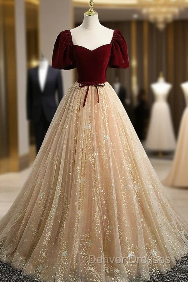 A-line Tulle and Velvet Short Sleeves Party Dress, Sweetheart Long Prom Dress