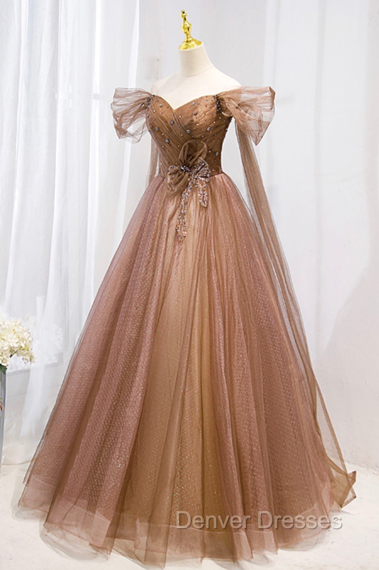 A-Line Tulle Beaded Long Formal Dress, Off the Shoulder Evening Dress Main image