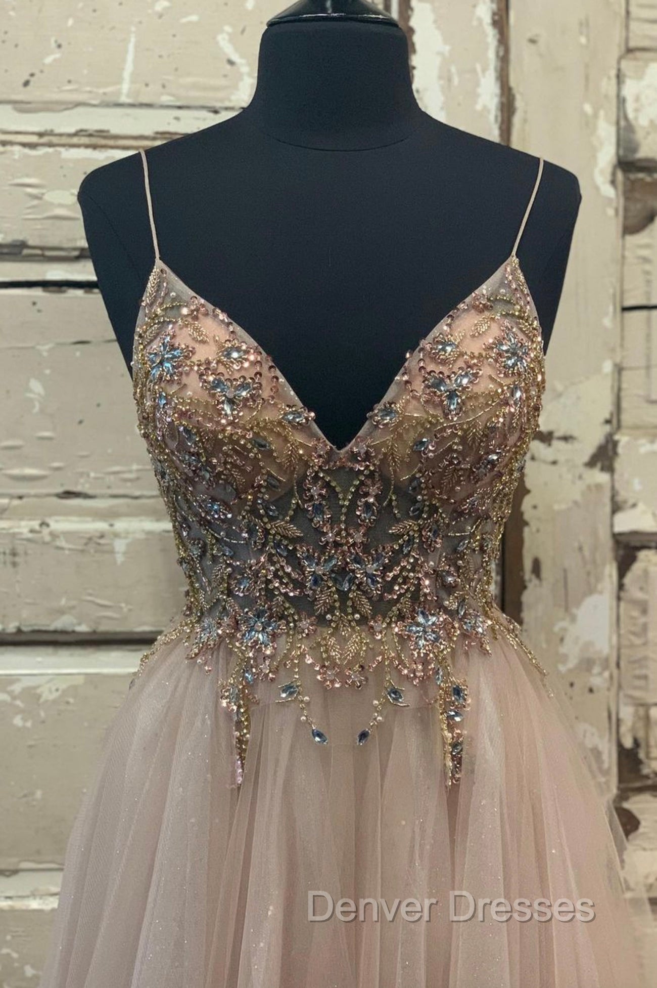 A-Line Tulle Beaded Long Prom Dress, Cute V-Neck Evening Party Dress Secondary image