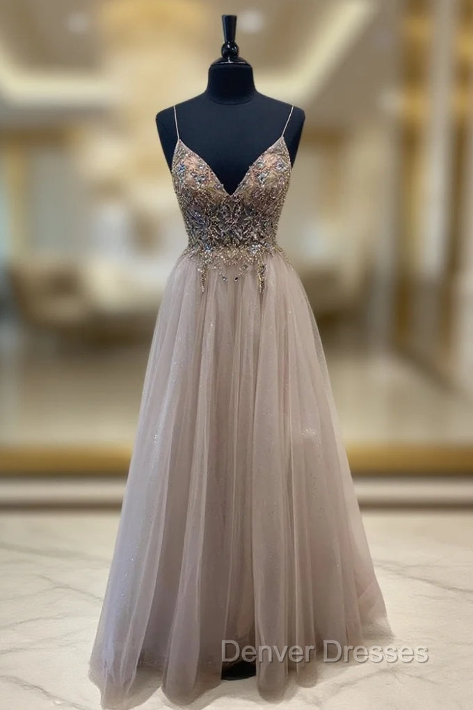 A-Line Tulle Beaded Long Prom Dress, Cute V-Neck Evening Party Dress Main image