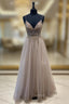 A-Line Tulle Beaded Long Prom Dress, Cute V-Neck Evening Party Dress