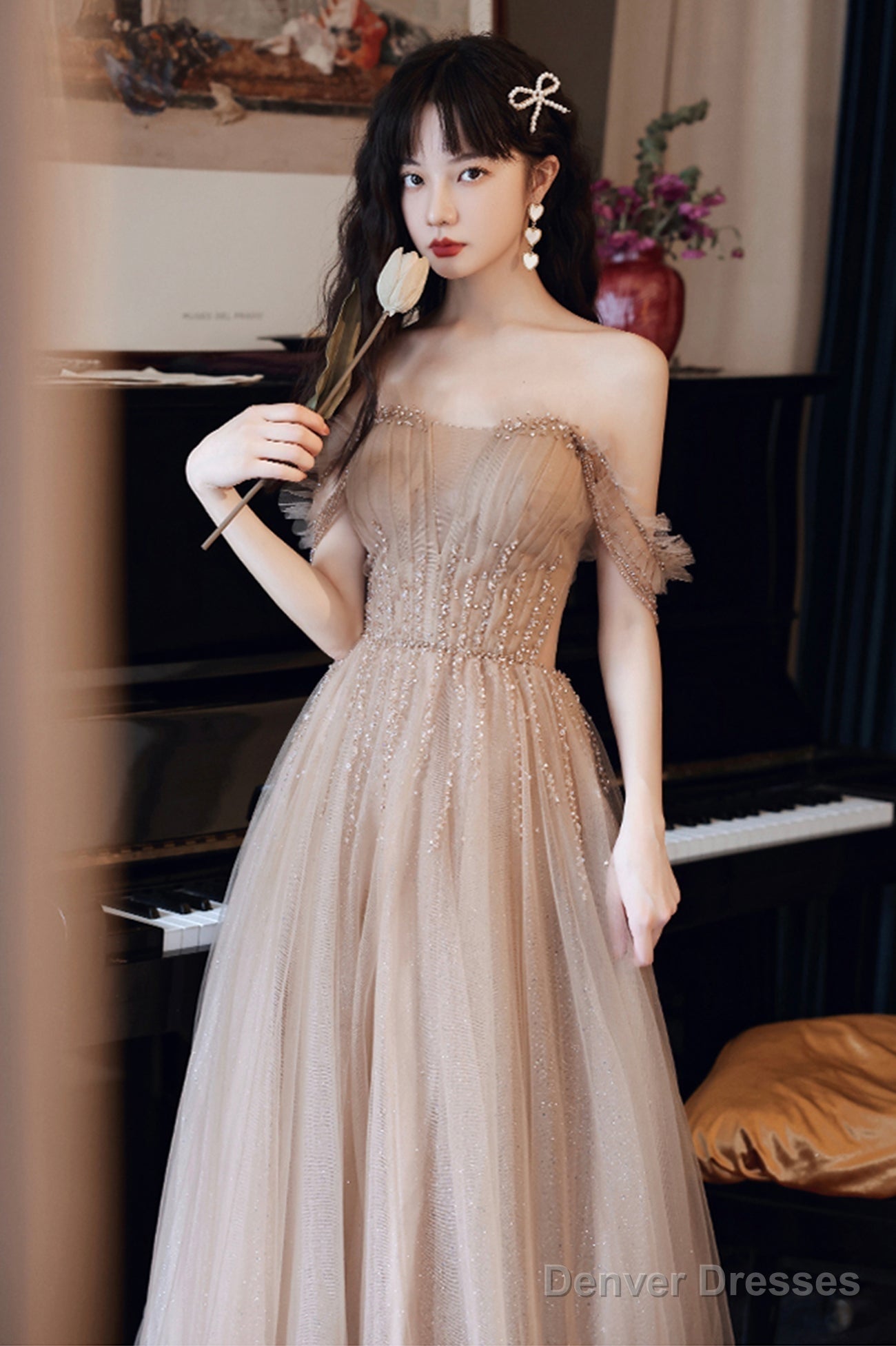 A-Line Tulle Beaded Long Prom Dress, Evening Party Dress Secondary image