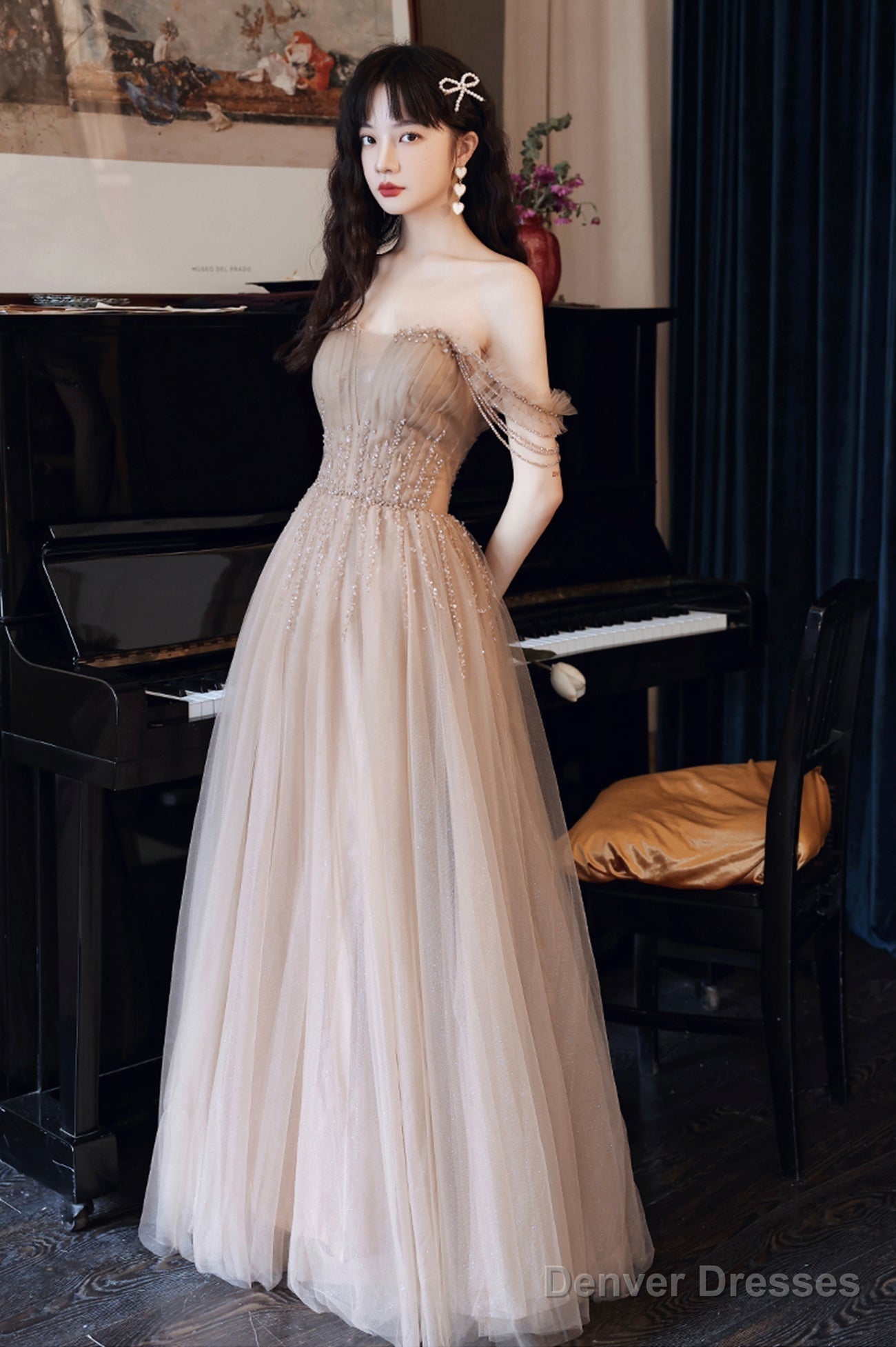 A-Line Tulle Beaded Long Prom Dress, Evening Party Dress