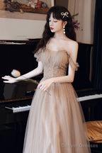 A-Line Tulle Beaded Long Prom Dress, Evening Party Dress