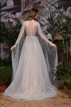 A-Line Tulle Beading Handwork Long Sleeves Prom Dresses