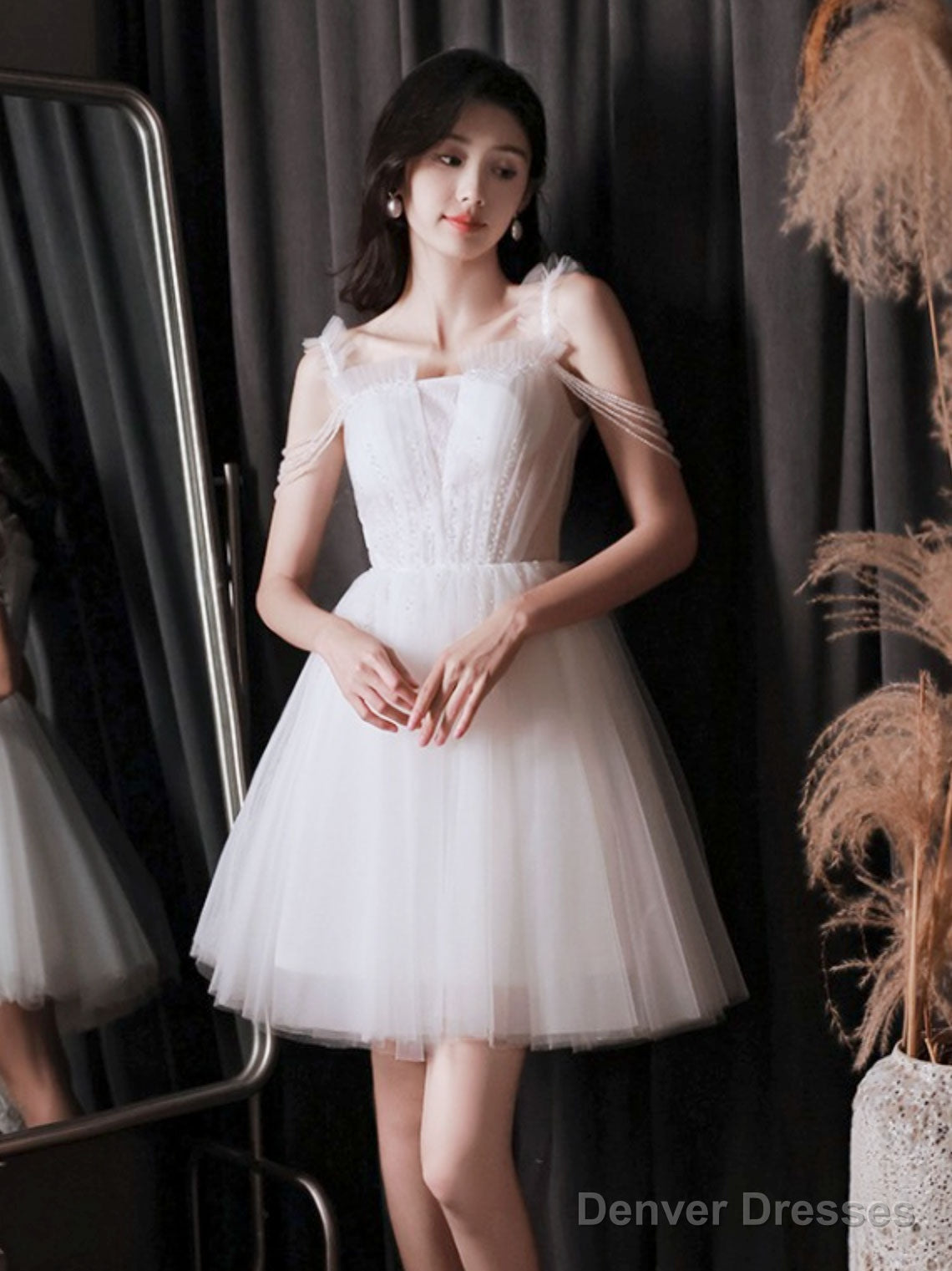A-Line Tulle Beads White Short Prom Dress, White Homecoming Dress Secondary image